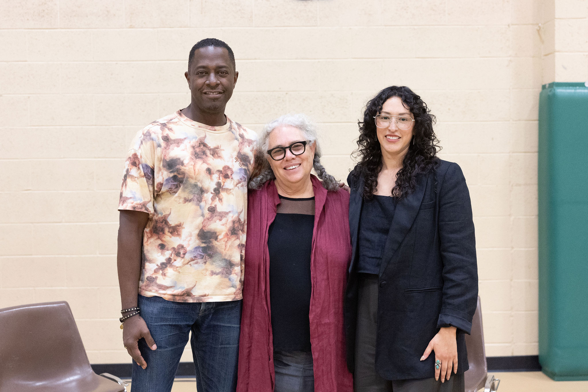 March 30, 2025. Desert X 2025 Artists Sanford Biggers and Alison Saar with co-curator Kaitlin Garcia-Maestas after their conversation at James O. Jessie Unity Center. Photo by Katie Jones.