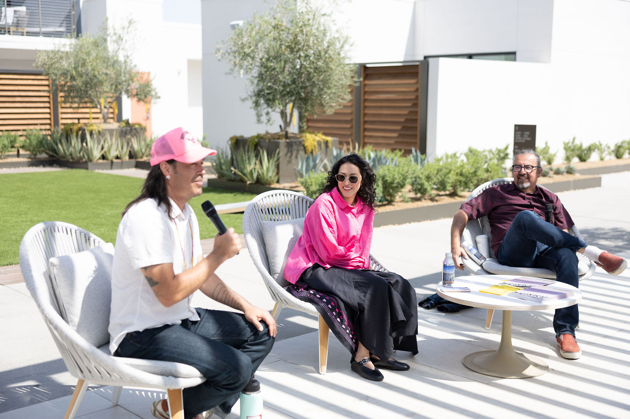March 29, 2025. Cannupa Hanska Luger, Gerald Clarke, and co-curator Kaitlin Garcia-Maestas in conversation at the Thompson Hotel. Photo by Katie Jones.