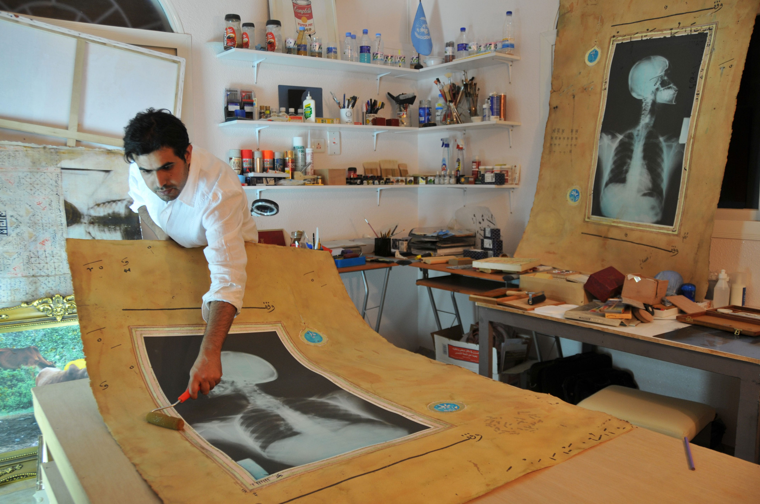 Ahmed Mater in his studio, 2010. Photo courtesy of Art Dubai.